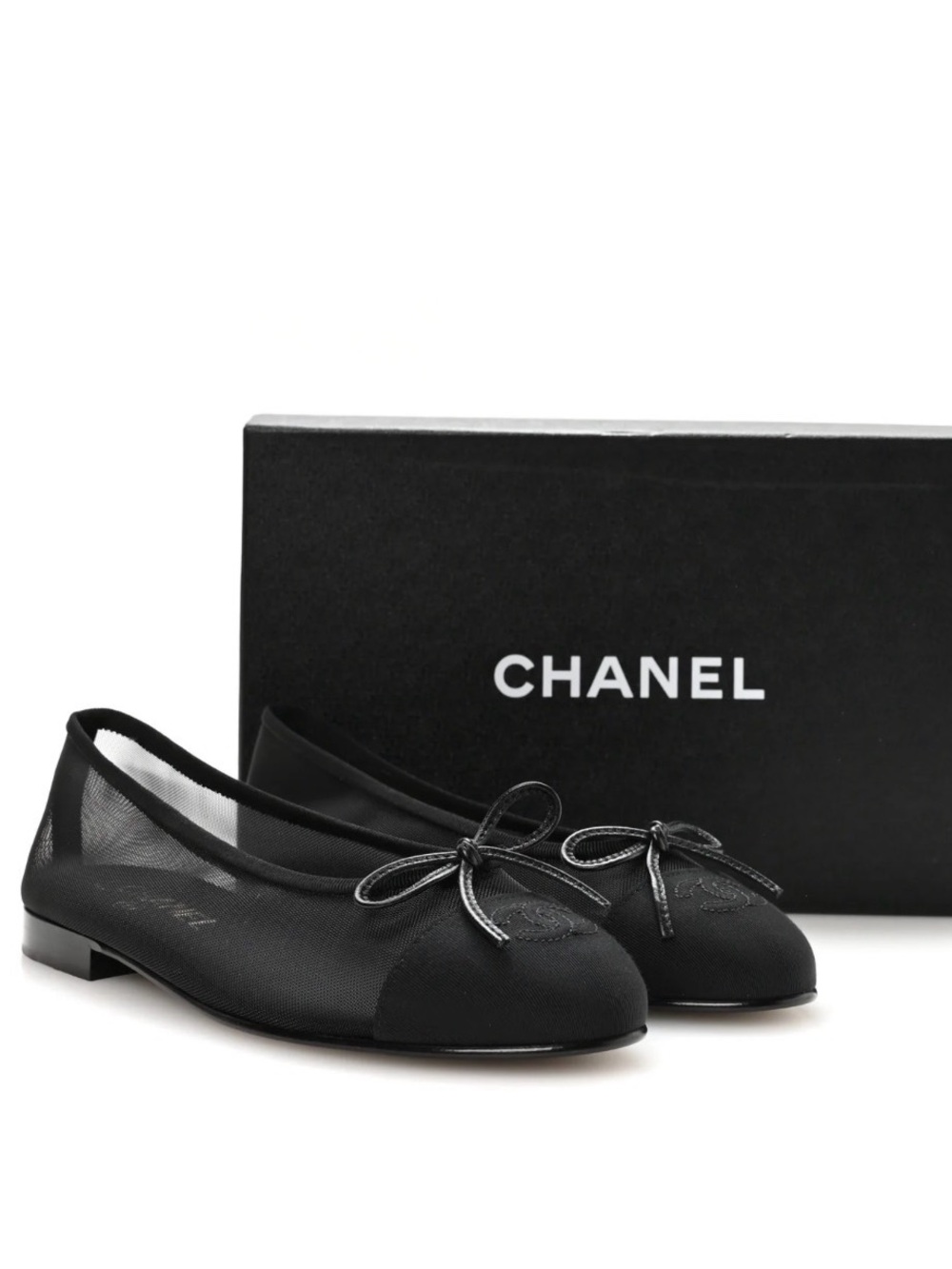 CHANEL Mesh Grosgrain CC Cap Toe Ballerina Flats 37 in Black